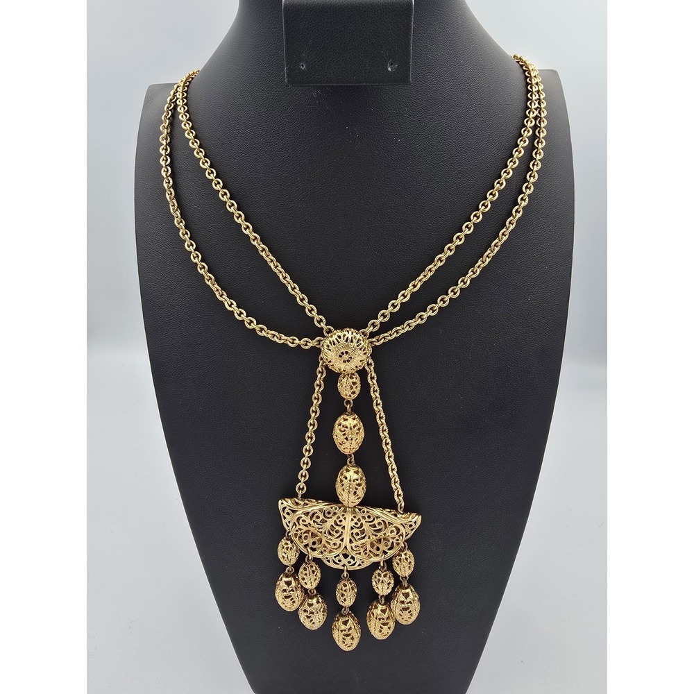 Vintage Antique Etruscan Revival Gold Tone Filigree Ornate Statement Necklace